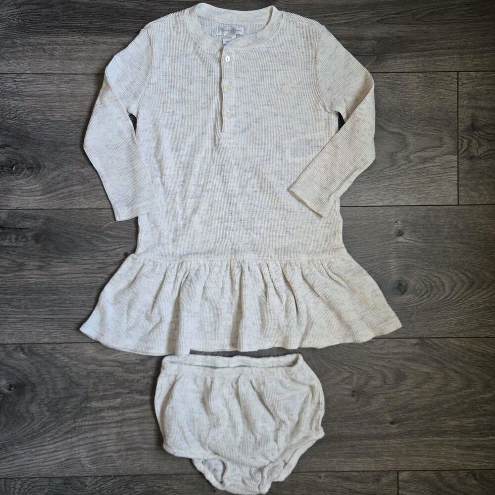 Ralph Lauren Baby Girl 24M Waffle Knit Henley Dress Bloomers Oatmeal Pink Pony